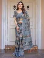 Charcoal Grey & Indigo Blue Ethnic Handloom Cotton-Linen Saree with Woven Border & Tassels – Traditional Elegant Wear