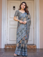 Charcoal Grey & Indigo Blue Ethnic Handloom Cotton-Linen Saree with Woven Border & Tassels – Traditional Elegant Wear