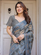 Charcoal Grey & Indigo Blue Ethnic Handloom Cotton-Linen Saree with Woven Border & Tassels – Traditional Elegant Wear