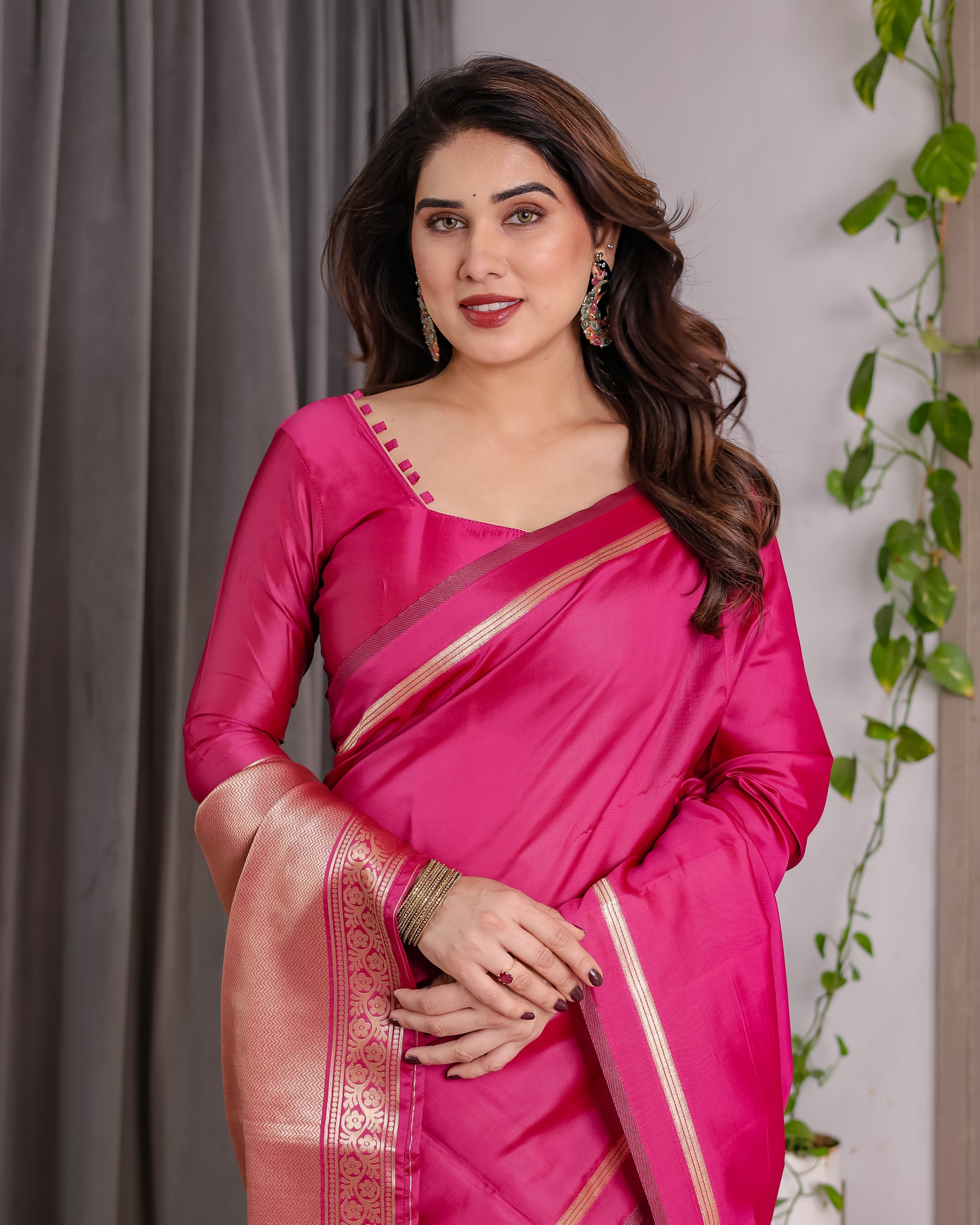 Pink Soft Kanjivaram Silk Saree with Golden Zari Pallu & Blouse | 5.5m Saree + 0.8m Blouse Piece
