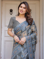 Charcoal Grey & Indigo Blue Ethnic Handloom Cotton-Linen Saree with Woven Border & Tassels – Traditional Elegant Wear