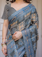 Charcoal Grey & Indigo Blue Ethnic Handloom Cotton-Linen Saree with Woven Border & Tassels – Traditional Elegant Wear
