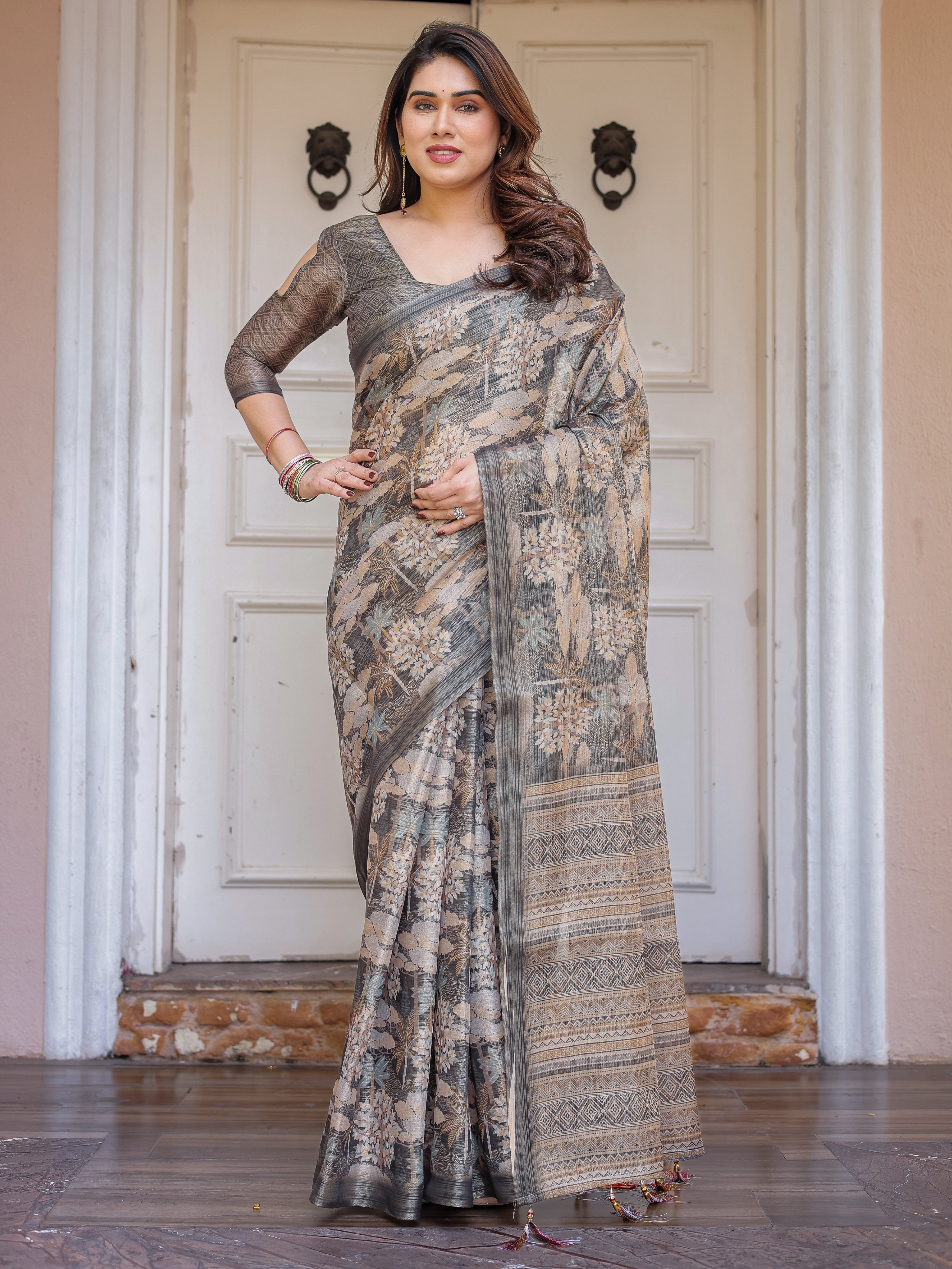 Taupe Grey & Beige Floral Handloom Cotton-Linen Saree with Woven Pallu & Tassels – Classic Ethnic Wear