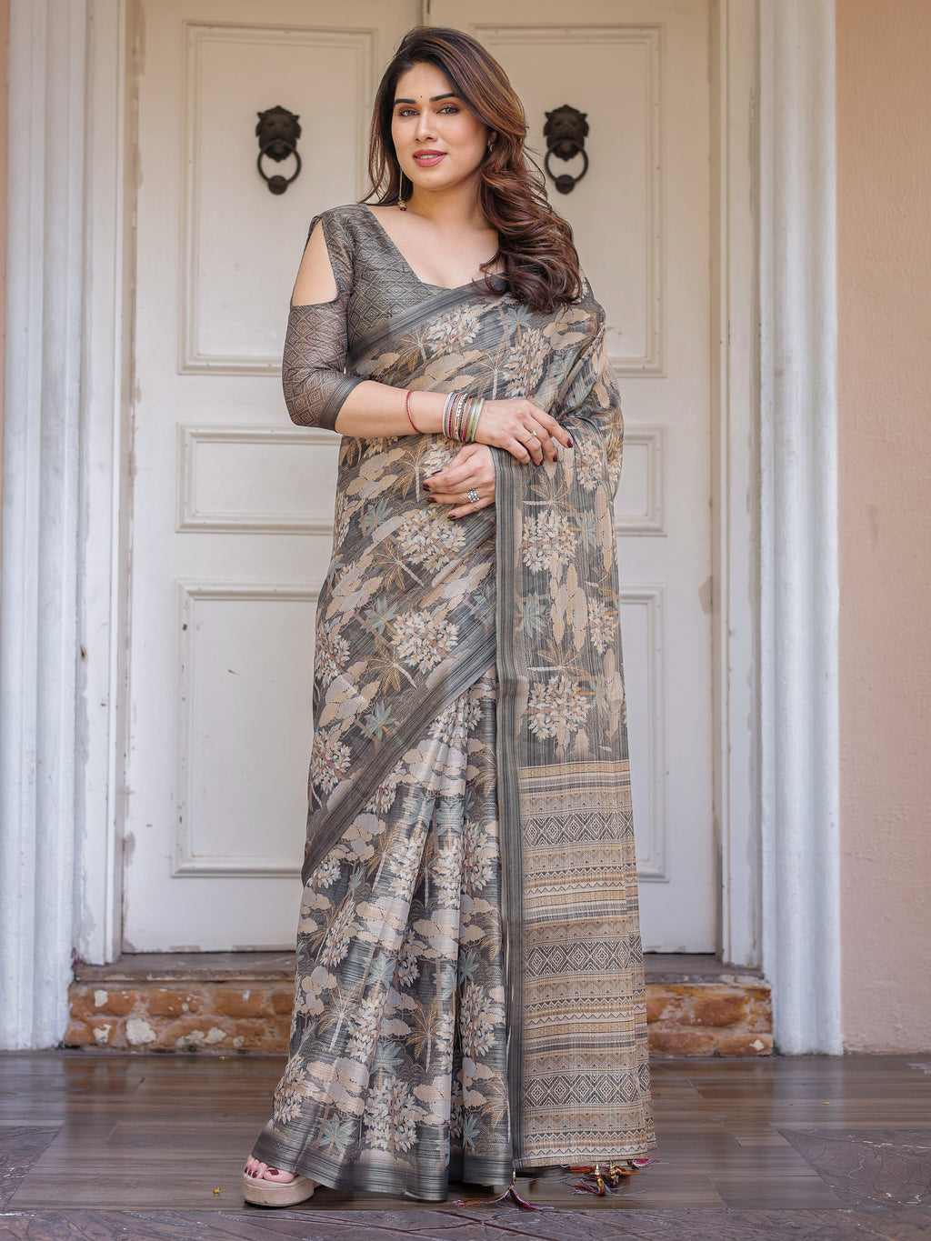 Taupe Grey & Beige Floral Handloom Cotton-Linen Saree with Woven Pallu & Tassels – Classic Ethnic Wear