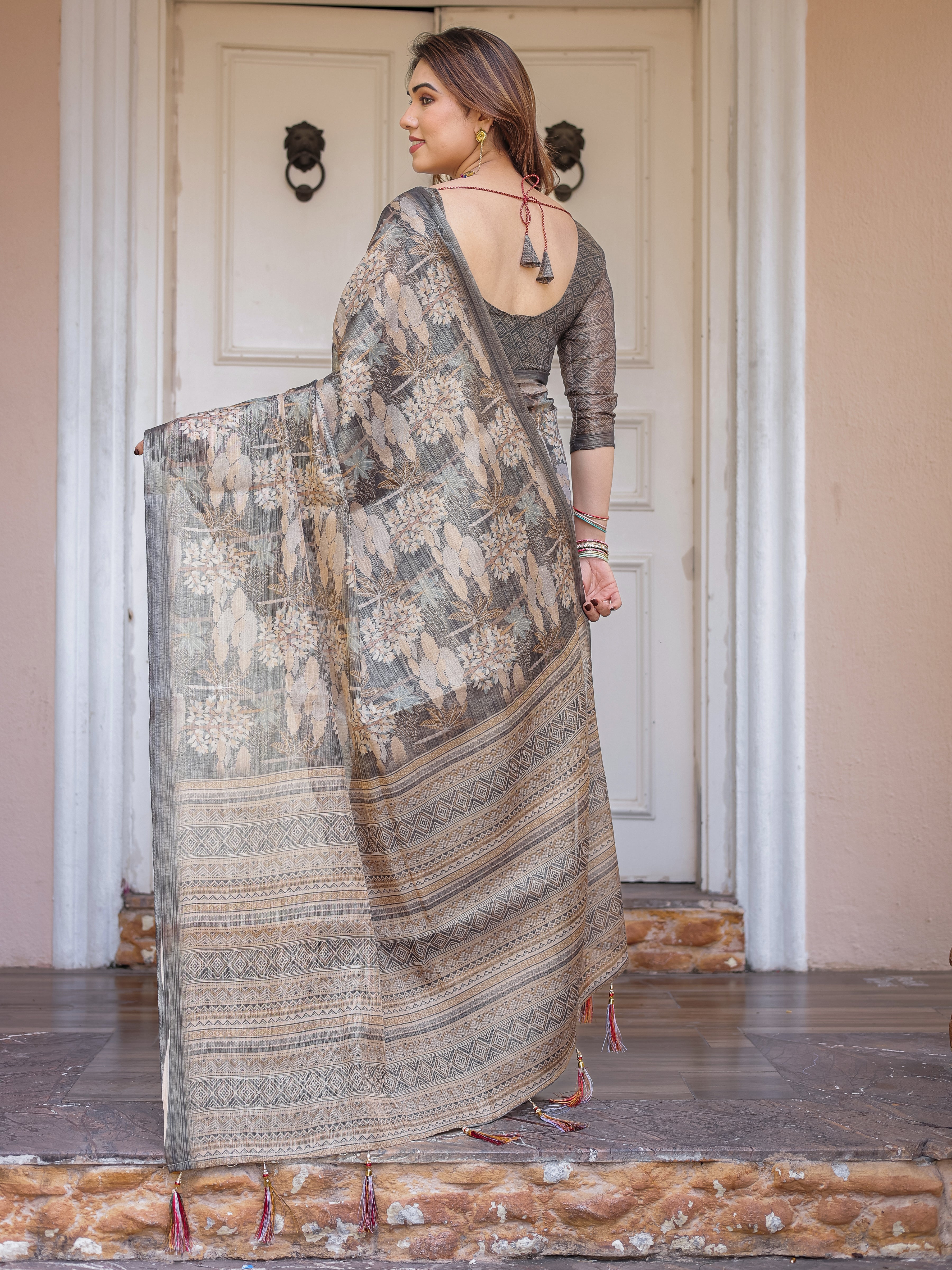 Taupe Grey & Beige Floral Handloom Cotton-Linen Saree with Woven Pallu & Tassels – Classic Ethnic Wear