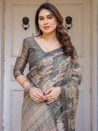 Taupe Grey & Beige Floral Handloom Cotton-Linen Saree with Woven Pallu & Tassels – Classic Ethnic Wear