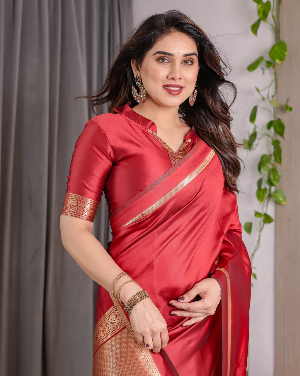 Cherry Red Soft Kanjivaram Silk Saree with Golden Zari Border & Elegant Pallu | 5.5m Saree + 0.8m Blouse Piece
