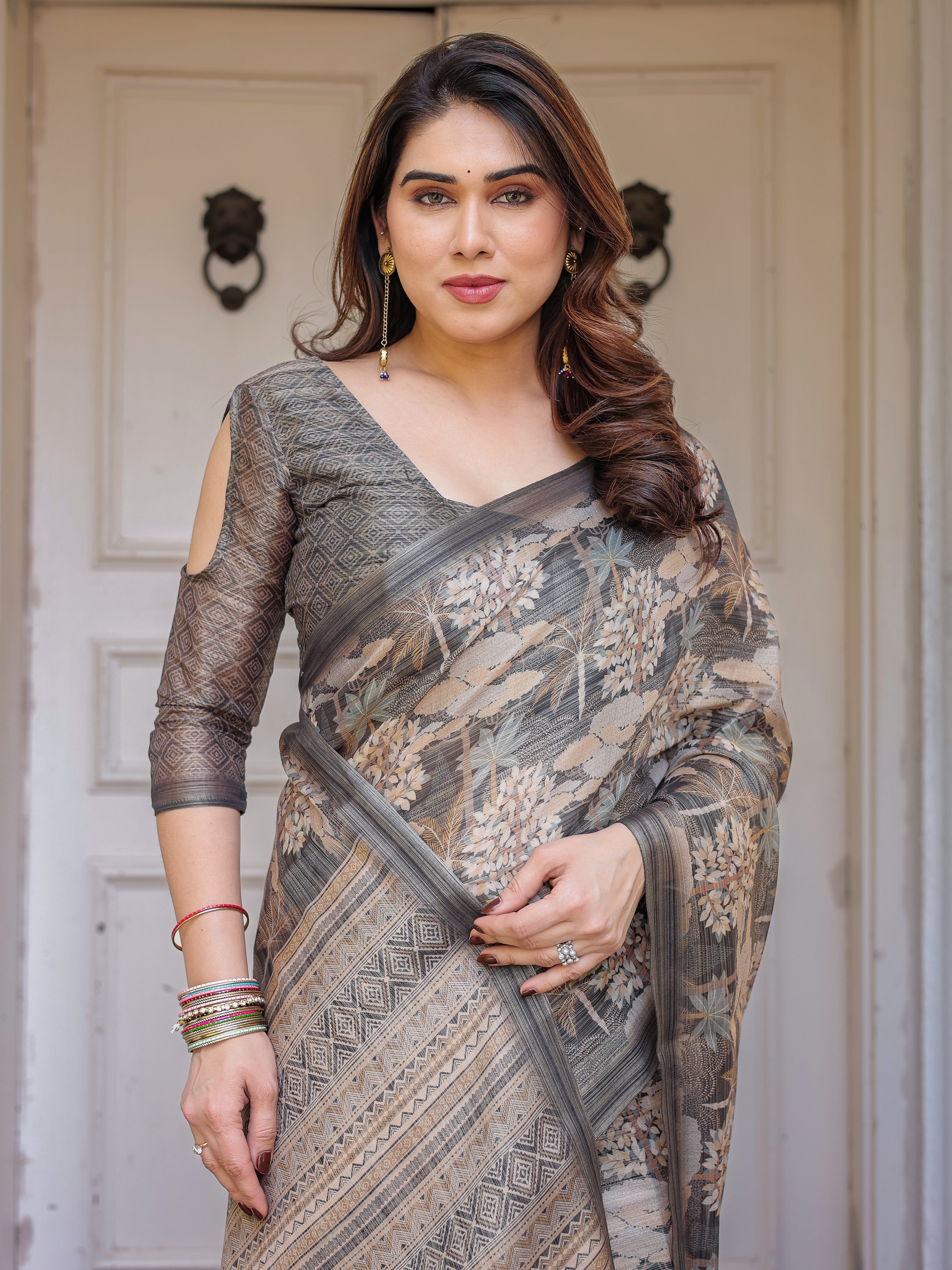 Taupe Grey & Beige Floral Handloom Cotton-Linen Saree with Woven Pallu & Tassels – Classic Ethnic Wear