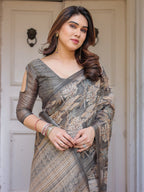 Taupe Grey & Beige Floral Handloom Cotton-Linen Saree with Woven Pallu & Tassels – Classic Ethnic Wear