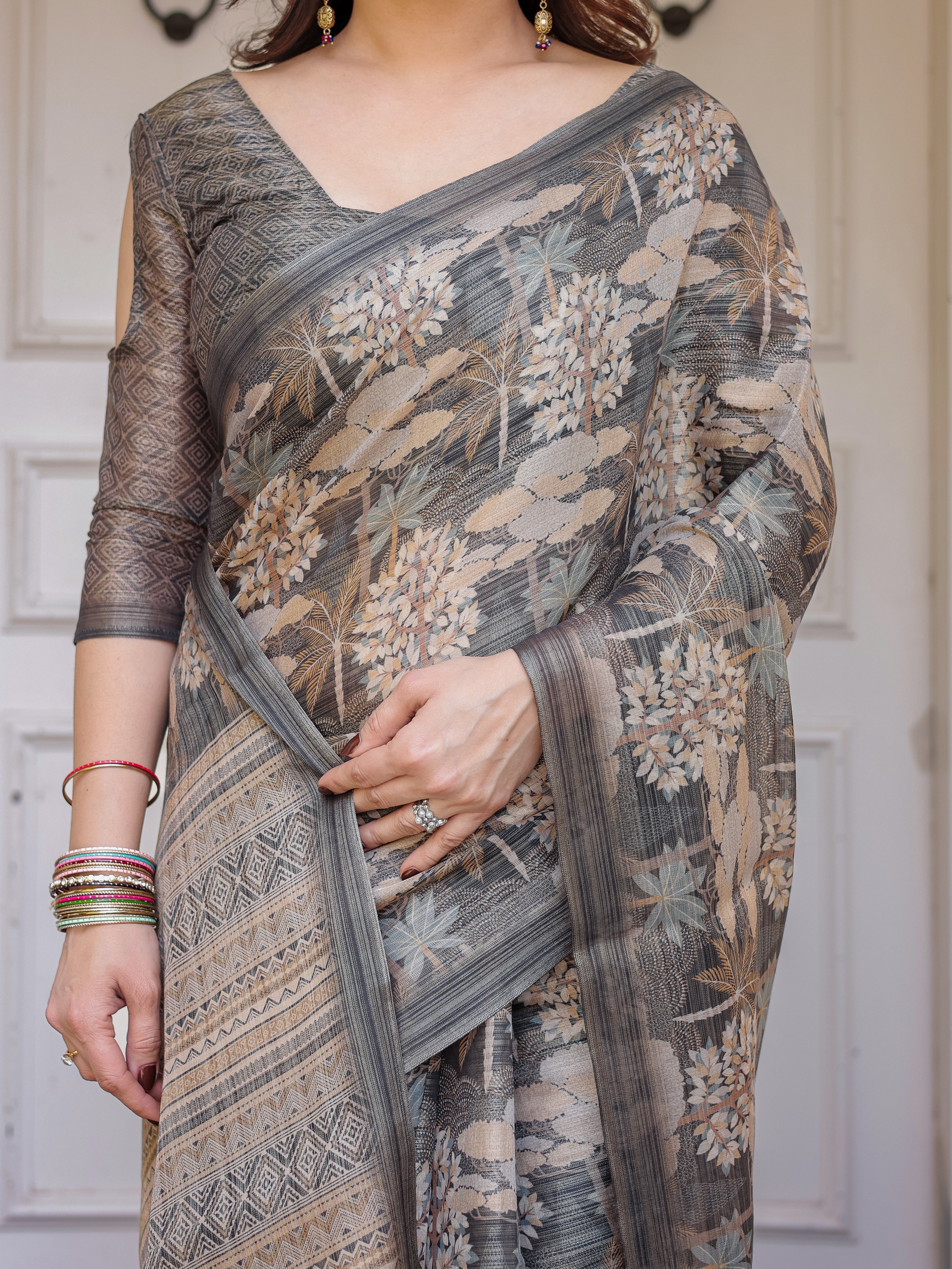 Taupe Grey & Beige Floral Handloom Cotton-Linen Saree with Woven Pallu & Tassels – Classic Ethnic Wear