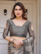 Taupe Grey & Beige Floral Handloom Cotton-Linen Saree with Woven Pallu & Tassels – Classic Ethnic Wear