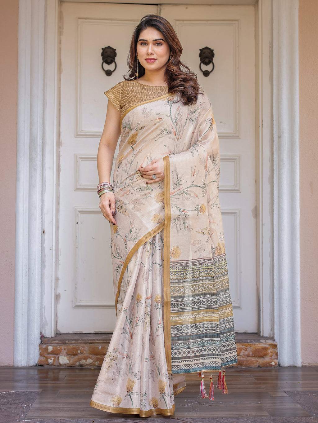 Beige & Mustard Botanical Handloom Cotton-Linen Saree with Ethnic Striped Pallu & Tassels – Graceful Traditional Wear