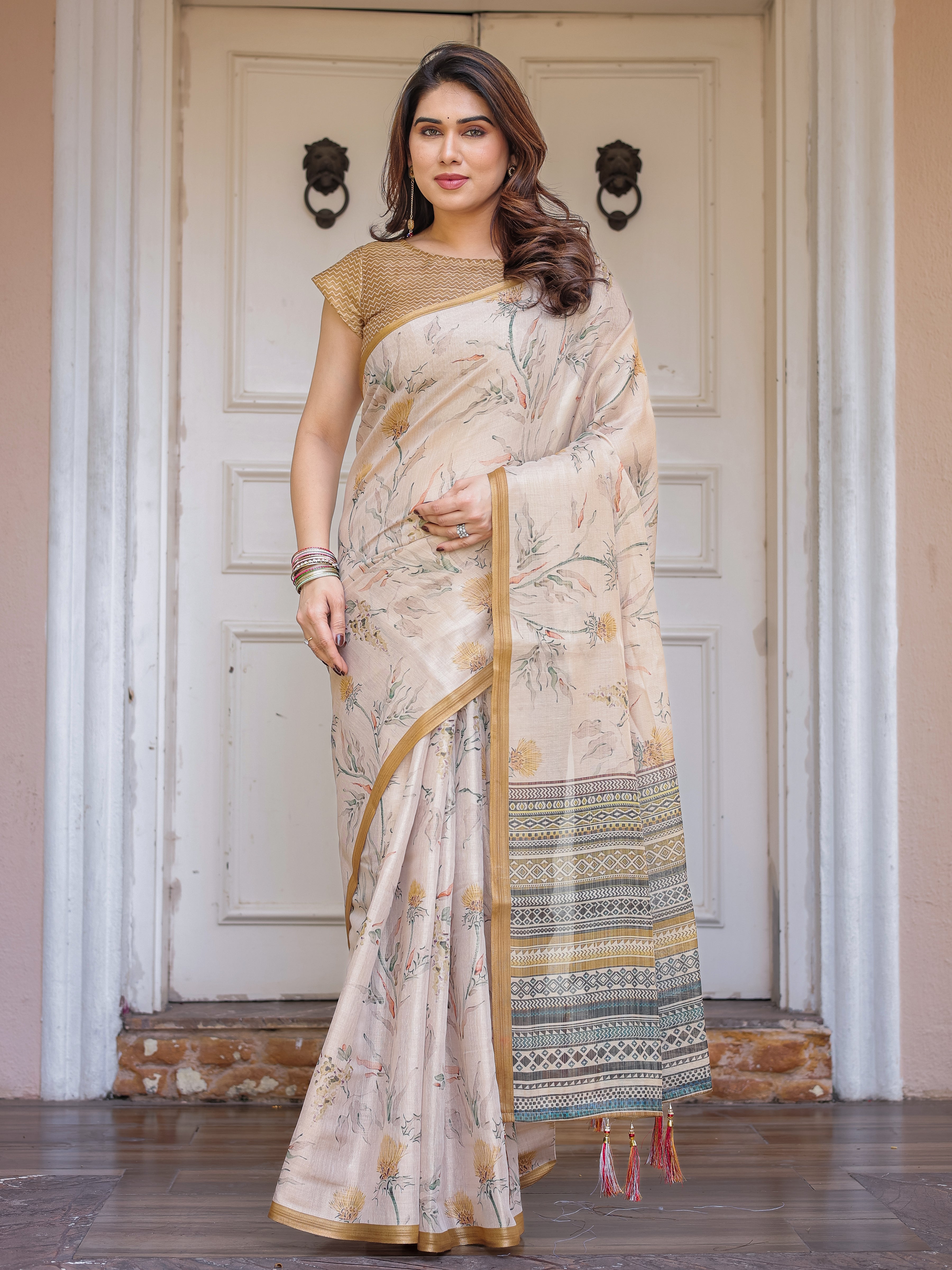 Beige & Mustard Botanical Handloom Cotton-Linen Saree with Ethnic Striped Pallu & Tassels – Graceful Traditional Wear