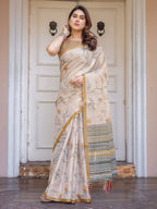 Beige & Mustard Botanical Handloom Cotton-Linen Saree with Ethnic Striped Pallu & Tassels – Graceful Traditional Wear