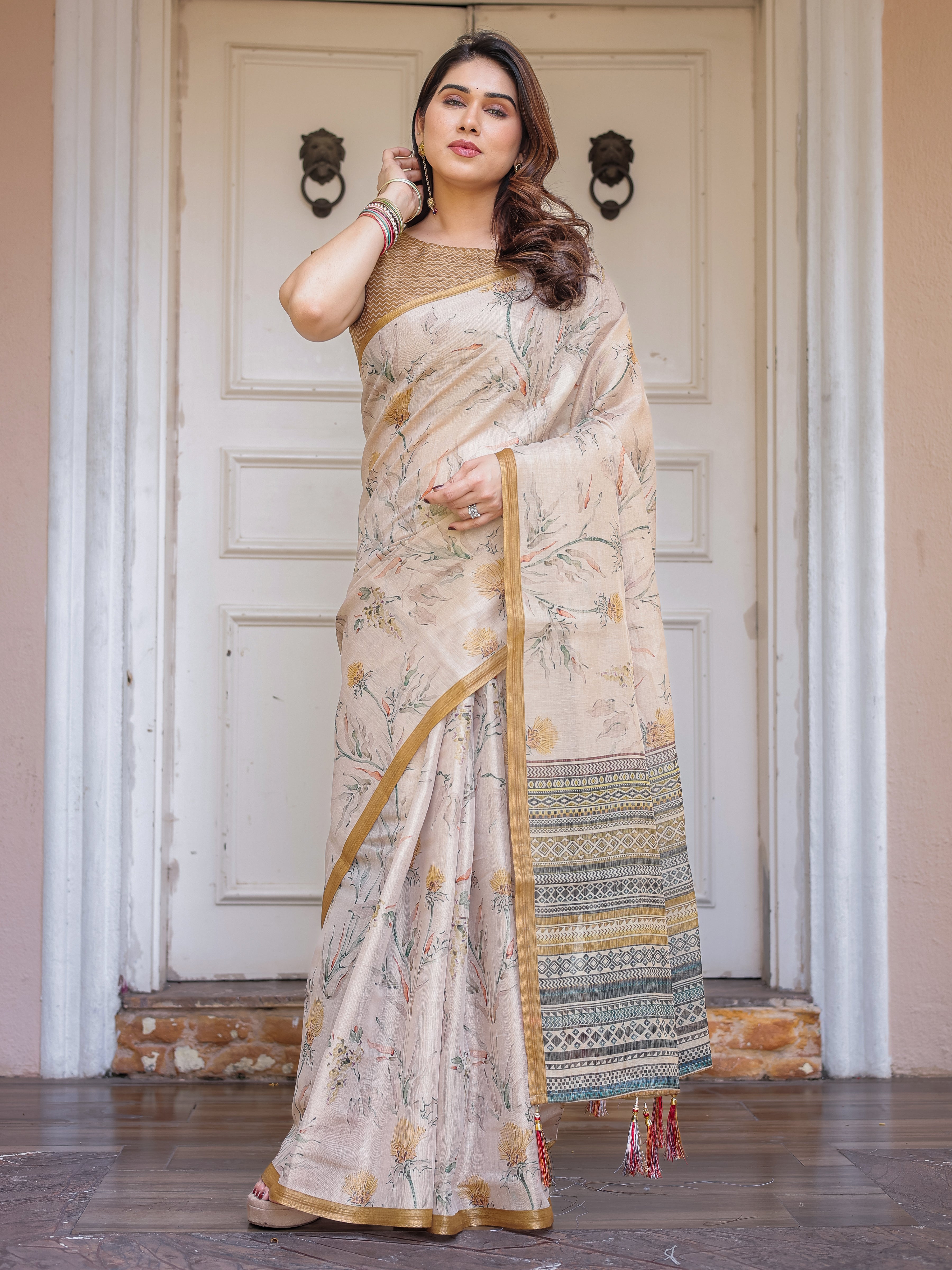 Beige & Mustard Botanical Handloom Cotton-Linen Saree with Ethnic Striped Pallu & Tassels – Graceful Traditional Wear