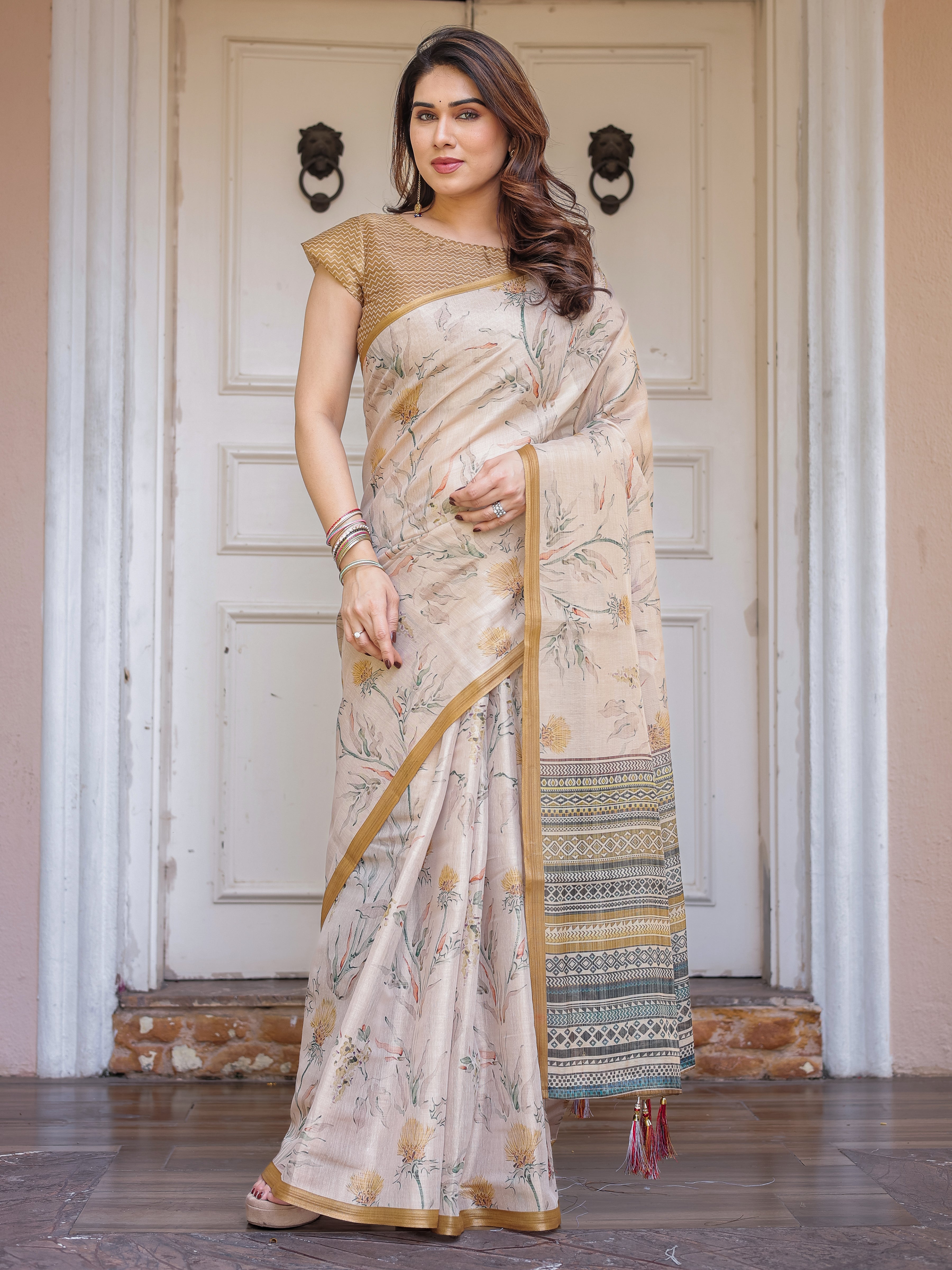 Beige & Mustard Botanical Handloom Cotton-Linen Saree with Ethnic Striped Pallu & Tassels – Graceful Traditional Wear