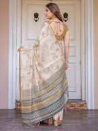 Beige & Mustard Botanical Handloom Cotton-Linen Saree with Ethnic Striped Pallu & Tassels – Graceful Traditional Wear