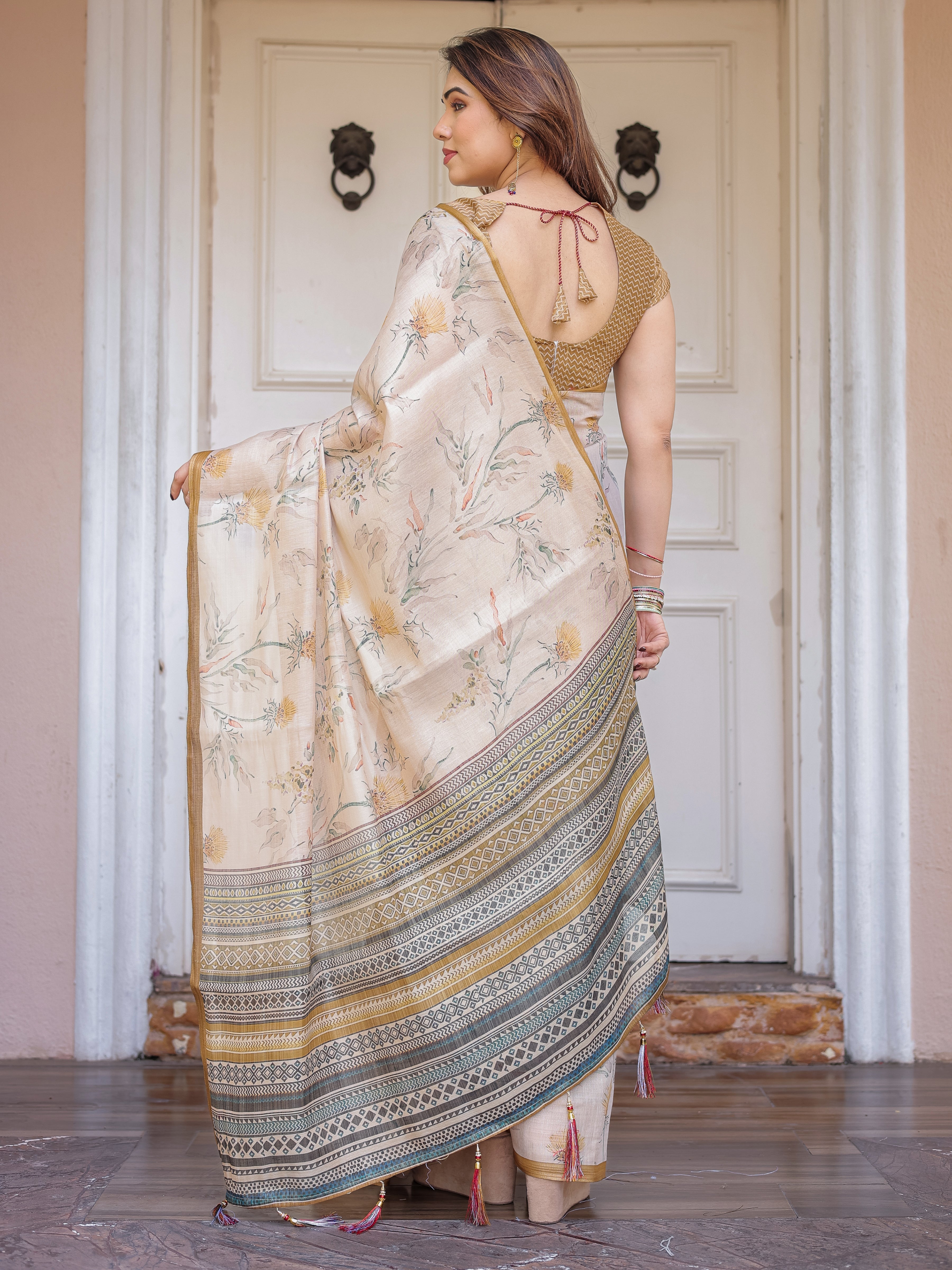 Beige & Mustard Botanical Handloom Cotton-Linen Saree with Ethnic Striped Pallu & Tassels – Graceful Traditional Wear