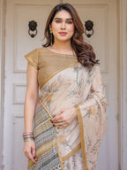 Beige & Mustard Botanical Handloom Cotton-Linen Saree with Ethnic Striped Pallu & Tassels – Graceful Traditional Wear