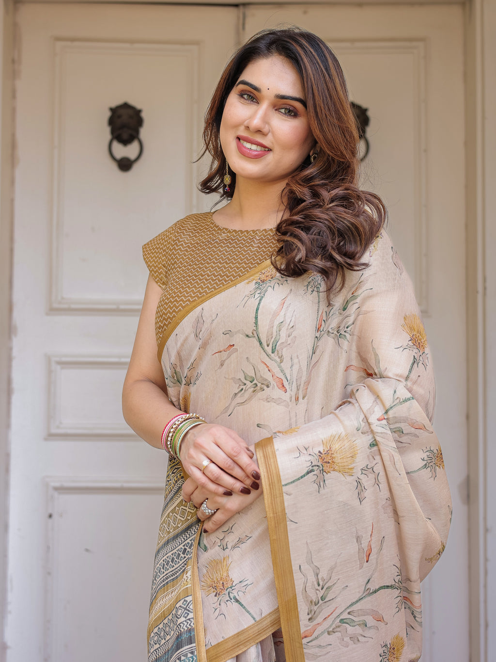 Beige & Mustard Botanical Handloom Cotton-Linen Saree with Ethnic Striped Pallu & Tassels – Graceful Traditional Wear