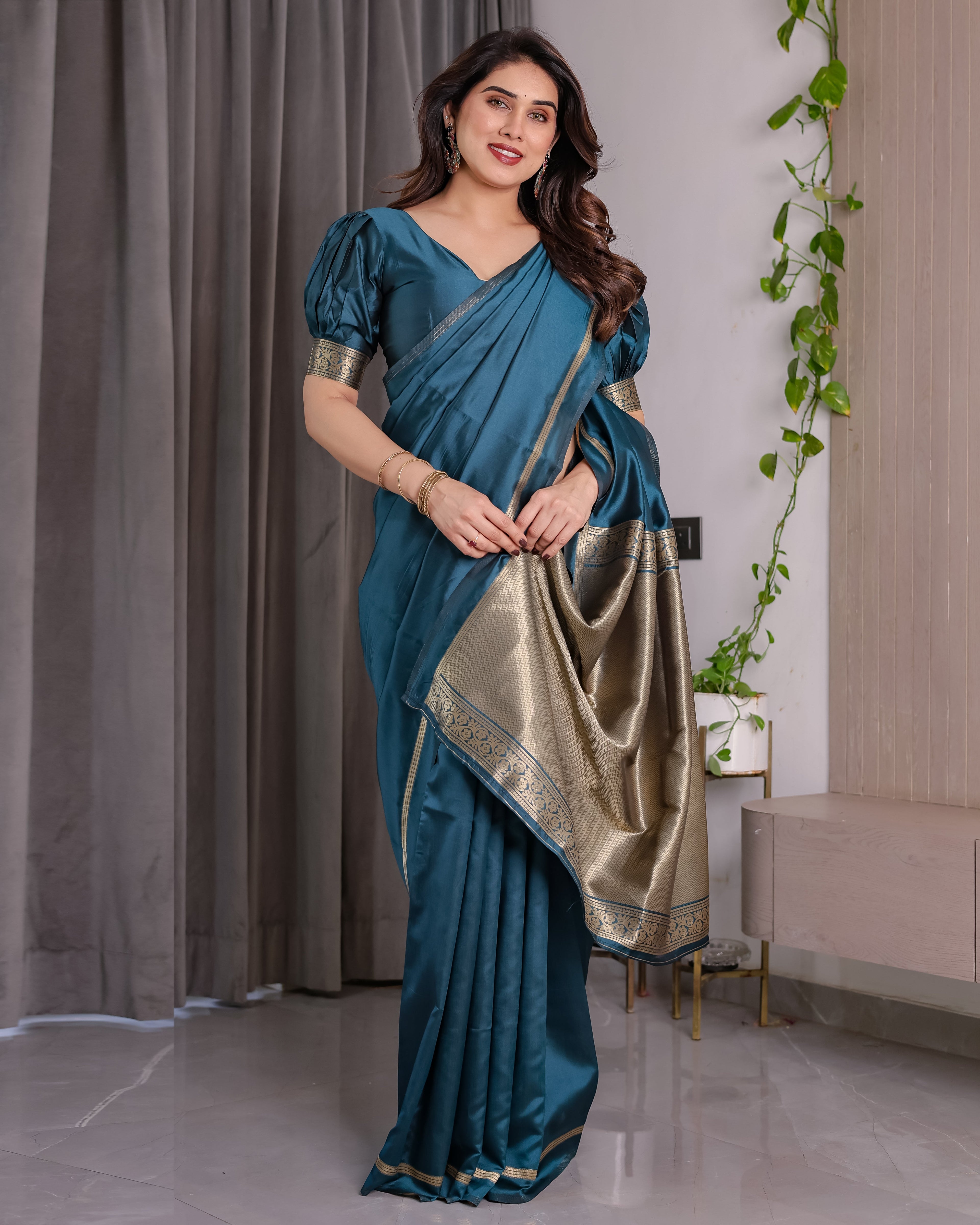 Teal Blue Soft Kanjivaram Silk Saree with Golden Zari Pallu & Designer Blouse | 5.5m Saree + 0.8m Blouse