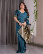 Teal Blue Soft Kanjivaram Silk Saree with Golden Zari Pallu & Designer Blouse | 5.5m Saree + 0.8m Blouse