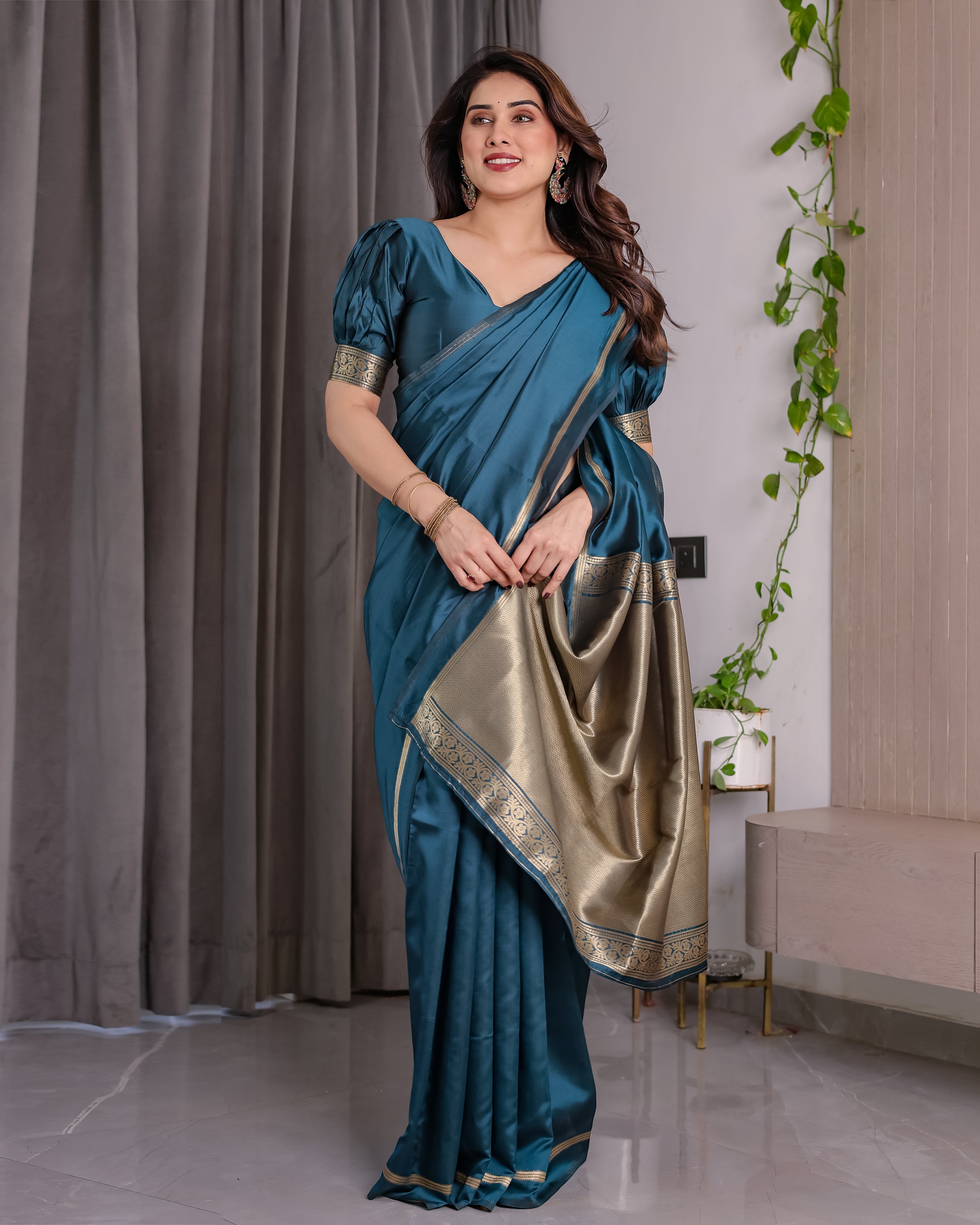 Teal Blue Soft Kanjivaram Silk Saree with Golden Zari Pallu & Designer Blouse | 5.5m Saree + 0.8m Blouse