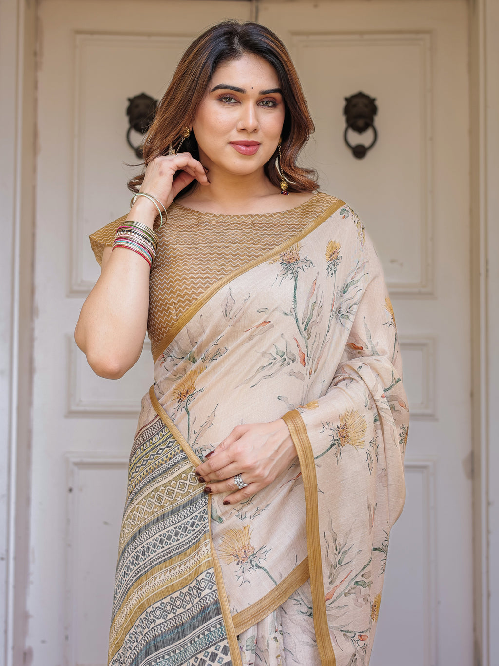 Beige & Mustard Botanical Handloom Cotton-Linen Saree with Ethnic Striped Pallu & Tassels – Graceful Traditional Wear
