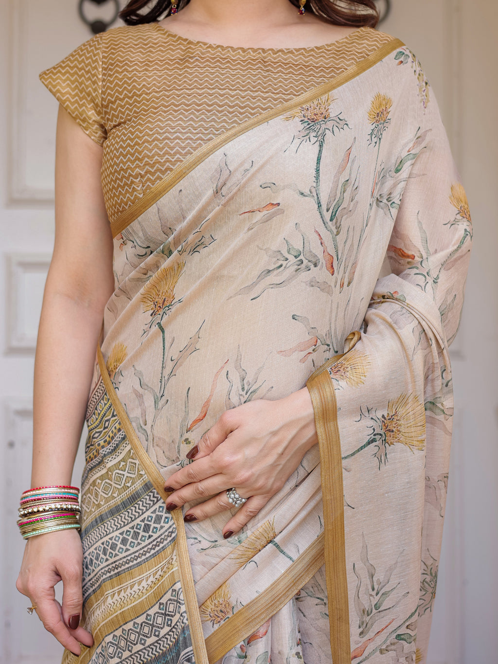 Beige & Mustard Botanical Handloom Cotton-Linen Saree with Ethnic Striped Pallu & Tassels – Graceful Traditional Wear