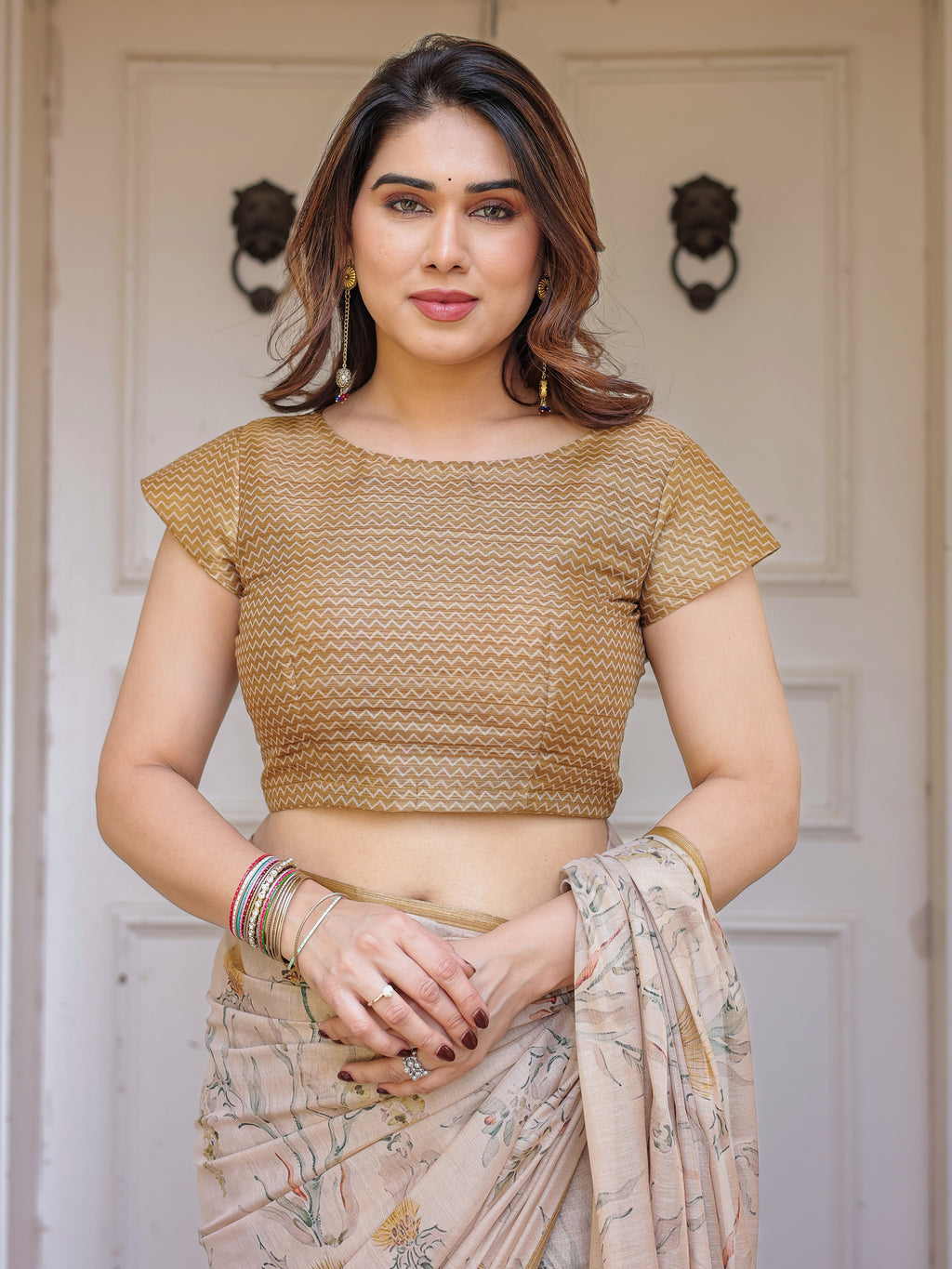 Beige & Mustard Botanical Handloom Cotton-Linen Saree with Ethnic Striped Pallu & Tassels – Graceful Traditional Wear