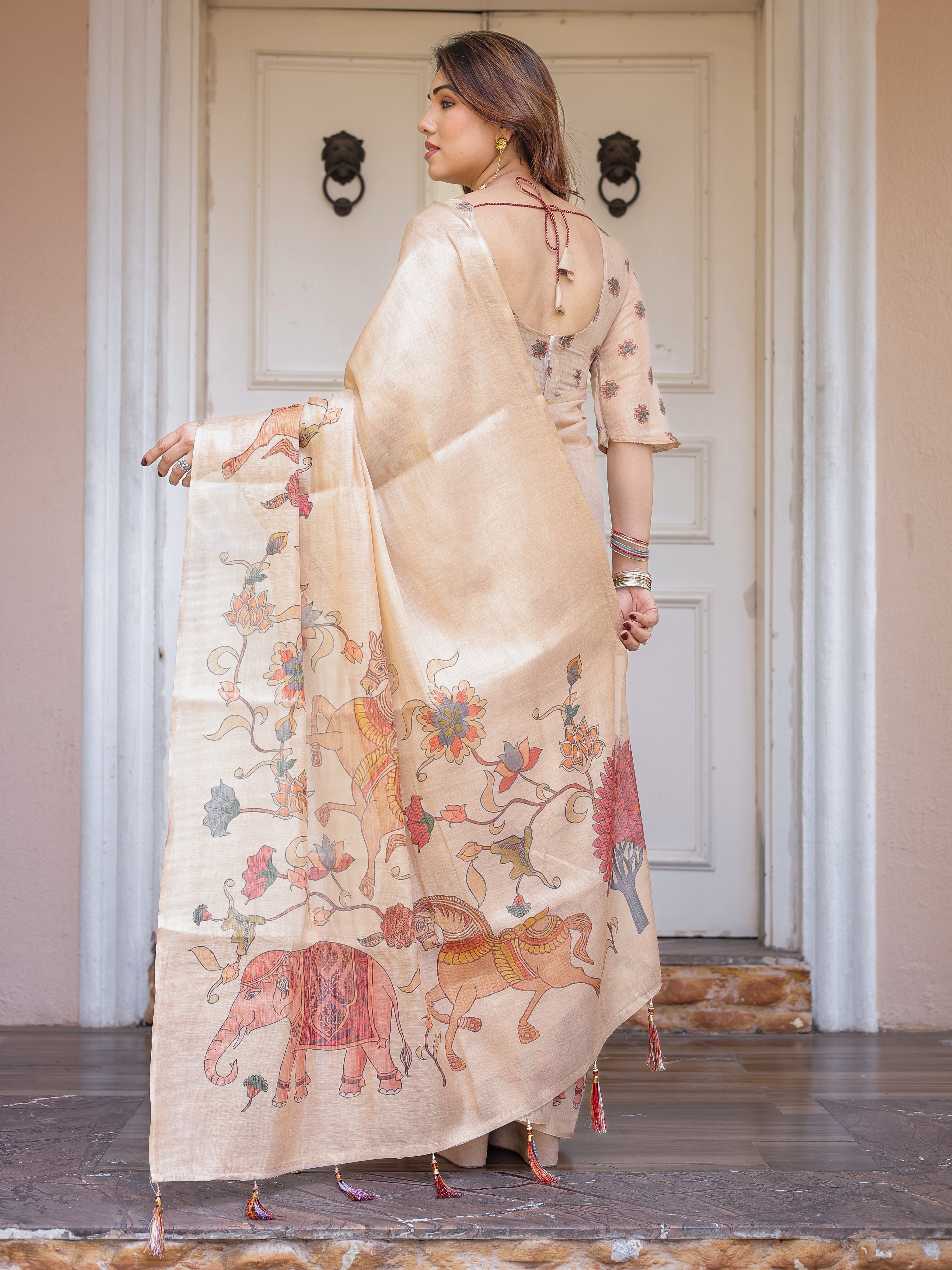 Beige Heritage Art Printed Handloom Cotton-Linen Saree with Elephant & Horse Motif Pallu and Tassels – Traditional Statement Wear
