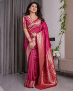 Magenta Pink Pure Kanjivaram Silk Saree with Golden Zari Weaving & Rich Floral Pallu | 5.5m Saree + 0.8m Blouse Piece