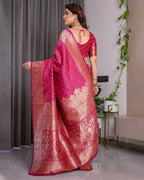 Magenta Pink Pure Kanjivaram Silk Saree with Golden Zari Weaving & Rich Floral Pallu | 5.5m Saree + 0.8m Blouse Piece