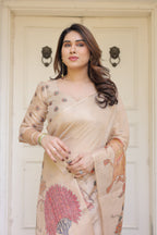 Beige Heritage Art Printed Handloom Cotton-Linen Saree with Elephant & Horse Motif Pallu and Tassels – Traditional Statement Wear