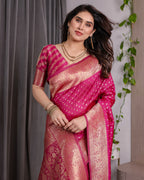 Magenta Pink Pure Kanjivaram Silk Saree with Golden Zari Weaving & Rich Floral Pallu | 5.5m Saree + 0.8m Blouse Piece