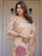 Beige Heritage Art Printed Handloom Cotton-Linen Saree with Elephant & Horse Motif Pallu and Tassels – Traditional Statement Wear