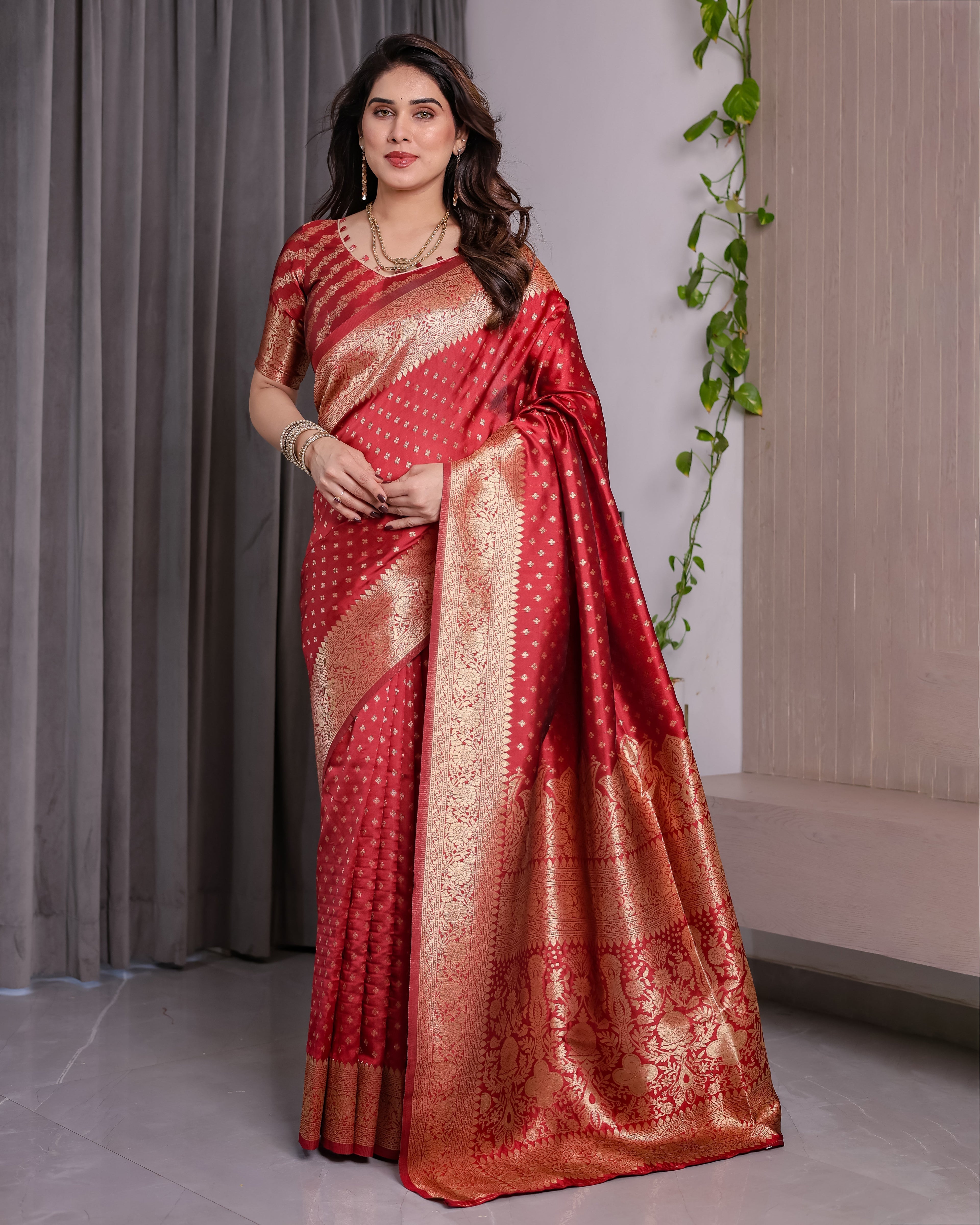 Rust Red Pure Kanjivaram Silk Saree with Golden Zari Buttas & Rich Floral Brocade Pallu | 5.5m Saree + 0.8m Blouse Piece