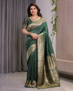 Bottle Green Pure Kanjivaram Silk Saree with Rich Golden Zari Weaving & Traditional Floral Pallu | 5.5m Saree + 0.8m Blouse