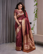 Maroon Pure Kanjivaram Silk Saree with All-Over Zari Buttas & Floral Brocade Pallu | 5.5m Saree + 0.8m Blouse Piece