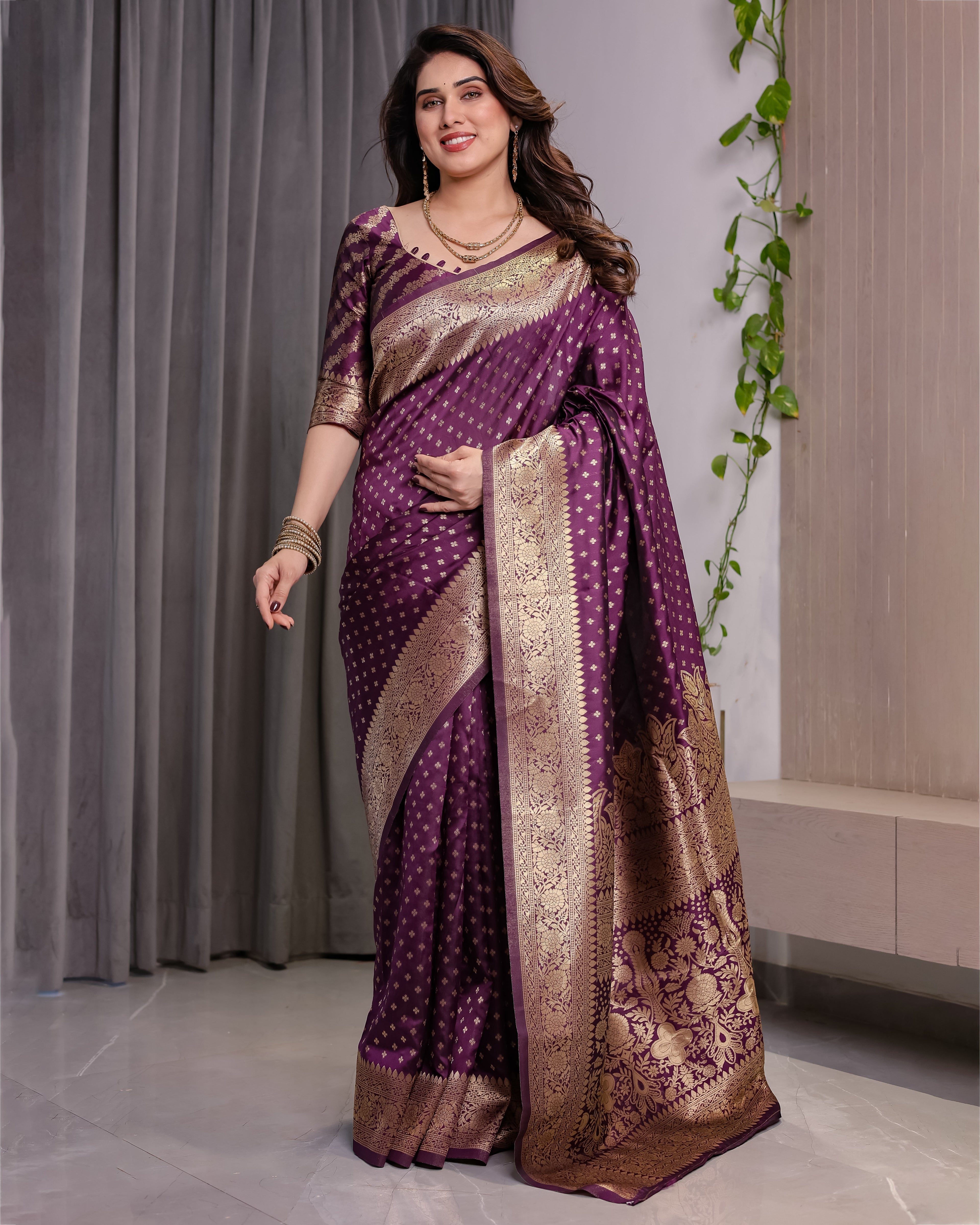 Royal Purple Pure Kanjivaram Silk Saree with Golden Zari Buttas & Rich Brocade Pallu | 5.5m Saree + 0.8m Designer Blouse Piece