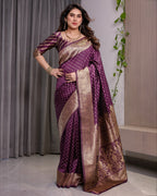 Royal Purple Pure Kanjivaram Silk Saree with Golden Zari Buttas & Rich Brocade Pallu | 5.5m Saree + 0.8m Designer Blouse Piece