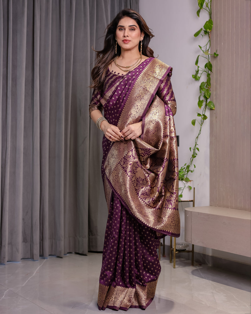 Royal Purple Pure Kanjivaram Silk Saree with Golden Zari Buttas & Rich Brocade Pallu | 5.5m Saree + 0.8m Designer Blouse Piece