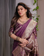 Royal Purple Pure Kanjivaram Silk Saree with Golden Zari Buttas & Rich Brocade Pallu | 5.5m Saree + 0.8m Designer Blouse Piece