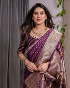 Royal Purple Pure Kanjivaram Silk Saree with Golden Zari Buttas & Rich Brocade Pallu | 5.5m Saree + 0.8m Designer Blouse Piece