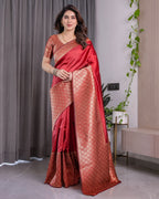 Brick Red Pure Kanjivaram Silk Saree with Golden Jacquard Weaving & Designer Blouse | 5.5m Saree + 0.8m Blouse Piece