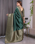 Bottle Green Pure Kanjivaram Silk Saree with All-Over Golden Jacquard Weaving & Designer Blouse | 5.5m Saree + 0.8m Blouse Piece