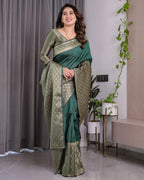 Bottle Green Pure Kanjivaram Silk Saree with All-Over Golden Jacquard Weaving & Designer Blouse | 5.5m Saree + 0.8m Blouse Piece