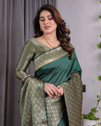 Bottle Green Pure Kanjivaram Silk Saree with All-Over Golden Jacquard Weaving & Designer Blouse | 5.5m Saree + 0.8m Blouse Piece