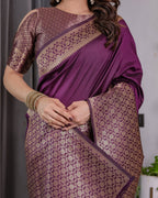 Plum Purple Pure Kanjivaram Silk Saree with Antique Gold Jacquard Pallu & Designer Blouse | 5.5m Saree + 0.8m Blouse Piece