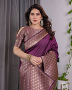 Plum Purple Pure Kanjivaram Silk Saree with Antique Gold Jacquard Pallu & Designer Blouse | 5.5m Saree + 0.8m Blouse Piece